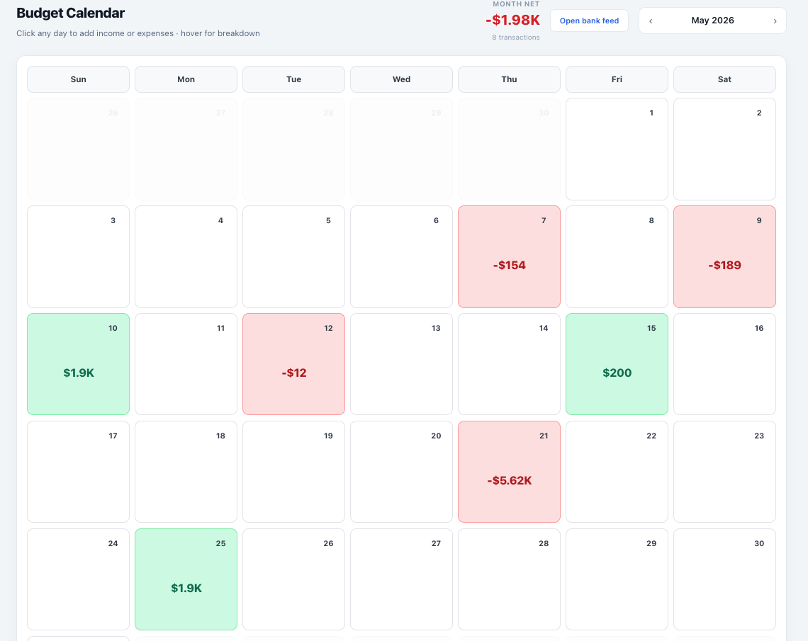 MoneyMoves cash flow budget calendar showing daily income and spending